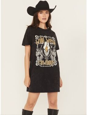 Rock &Roll Denim Wild West Cowboys Graphic T-Shirt Dress - Black & Gold